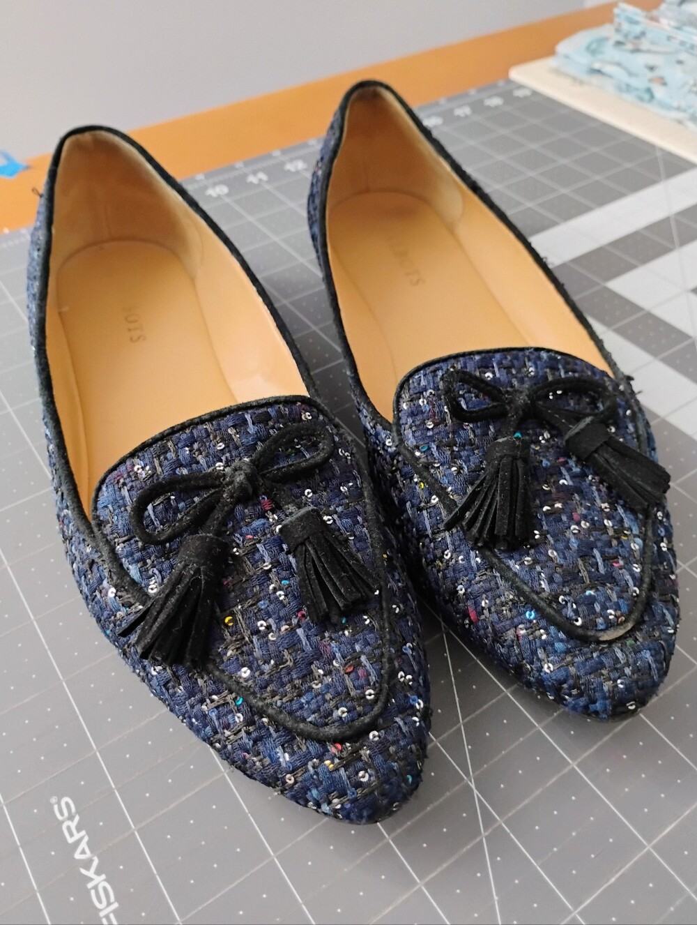 Talbots Blue Woven With Sequins And Black Bow